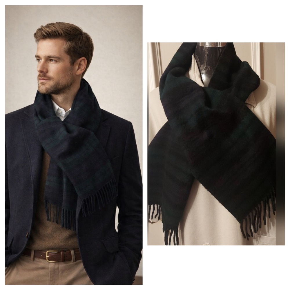 Scottish Tartan Cashmere Scarf Green Black Plaid Classic Heritage Winter